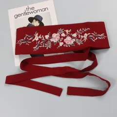 【和装小物】刺繍花柄 リボン ウエストベルト 着物 漢服 ドレス用 調節可能 幅広デザイン レディース