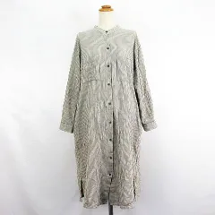 スタディオクリップ Studio Clip シャツワンピース チュニック 長袖 ドロップショルダー バンドカラー ロング丈 ストライプ 麻混 F グレー×アイボリー ※EKM