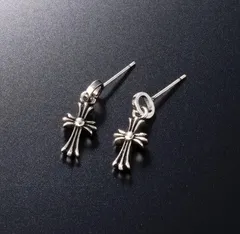 シルバー925 ベビーファットクロスピアス 両耳セット【即日発送】SV925刻印 フローラル十字架 ゴシック ロック ストリート 高品質 ギフト プレゼント　33