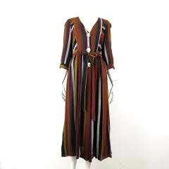 シャツワンピース マルチストライプ 切替 Vネック ビッグボタン 比翼ボタン ロング 7分袖 M マルチカラー