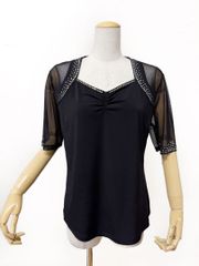 袖カワ】新品 社交ダンスカットソー黒バルーンスリーブ ラインストーン