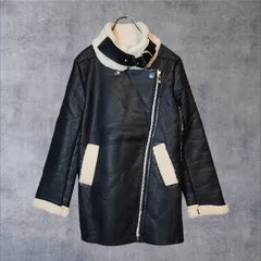 未使用 B-3 ムートンコート 黒 Lサイズ相当 ハイネック ボアジャケット フェイクレザー フライトジャケット 2WAY 襟ベルト付 小顔効果 防寒 ミドル丈 ミリタリー ライダース風 厚手 暖か アウター レディース ブラック