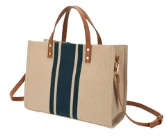 2WAY トートバッグ キャンバス ショルダー バッグ 大容量 カジュアル ストライプ 手提げ 肩掛け ナチュラルカラー 通勤 通学 レディース スクエア マザーズバッグ 2カラー かばん 鞄 カバン BAG ハンドバッグ ミニ 旅行 サブバッグ [ネイビー]
