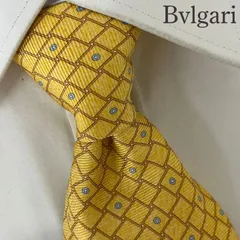《美品》Bvlgari (ブルガリ) シルクネクタイ 総柄 格子 ドット イエロー ブラウン ブルー