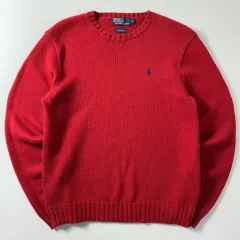 Polo ポロ ラルフローレン 90s 刺繍 コットン レッド ラウンドニット