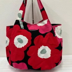 1289 marimekko　マリメッコ　トートバッグ　ハンドバッグ　手提げ　コットン　キャンバス　花柄　フラワー　赤系　レッド　カジュアル　レディース