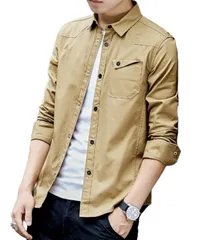 [レンロック] シャツ メンズ 長袖 カジュアル コットン 無地 スナップボタン 綿100 春秋 (XL, ベージュ) [ベージュ] [XL]