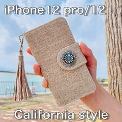 iPhone 12 pro/12シュニール調レザーケース コンチョ タッセルストラップ付 手帳型カバー 西海岸カリフォルニアスタイル サーフスタイル サンドグレイ