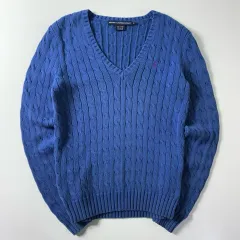 POLO ラルフローレン スポーツ 刺繍 コットン ブルー ケーブル編み Vネック ニット