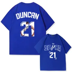 バスケットボール ティム・ダンカン 21番 プリント Tシャツ 半袖 メンズ スポーツウェア ストリート カジュアル ロイヤルブルー
