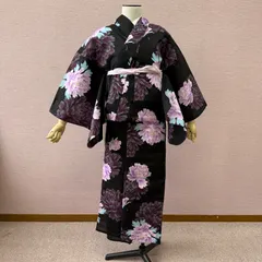 浴衣　新品　女物　黒　ピンク　牡丹　綿　リサイクル着物　y-1041
