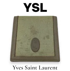 イヴサンローラン YSL ヴィンテージ 二つ折り財布 キャンバス レザー カーキ ブラウン コンパクトミニ財布 ロゴ刻印 鑑定済