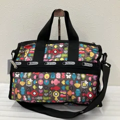 1355　LeSportsac　レスポートサック　 ボストンバッグ　2way　ミニボストン　 ハート　きのこ　マトリョーシカ　総柄　グレー×ブラック系　 ナイロン　軽量　レディース