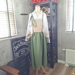 【背後可愛】長褶：連身裙：卡其色×亞麻【0978】