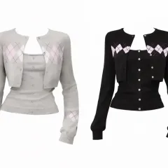 アーガイル ニット カーディガン + ノースリーブ セットアップ ( ブラック グレー )