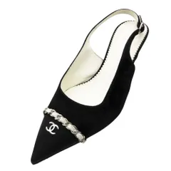良品 CHANEL シャネル パンプス ポインテッドトゥ チェーン スリングバック CC ココマーク スエード 靴 36 23cm ブラック 【中古】