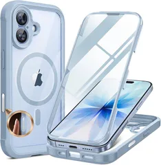 Miracase iPhone17 ケース MagSafe対応 スマホケース いPhone17 用 カバー 9H 強化ガラス 360°保護 全身バンパー保護ケース 6.3インチ フルカバー ワイヤレス充電対応 マグセーフ対応 マグネット搭載 水色