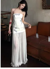 送料無料 抹胸ドレス ワンピース レディース 高見え 上品 おしゃれ 誕生日 パーティー ドレス ボディコン ギャザー ウエスト 絞り ノースリーブ ファスナー タイプ オフショルダー ホワイト ダークグリーン S M L