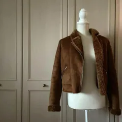 85　ZARA ザラ ベーシック フェイク ムートン ジャケット ライダース ボア　裏起毛　エコ　お呼ばれ　デート　オフィスカジュアル　食事会　ライダース　ブラウン