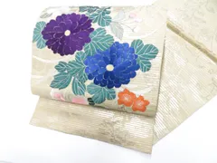 【京松】アンティーク 本袋帯 夏物 夏 刺繍 お太鼓柄 花 銀糸 正絹 kyo8b03-181