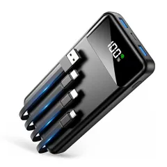 大容量【60000mAh大容量?6台同時に充電?急速充電】 軽量 小型 4つのケーブル内蔵 最大出力2.4A ケーブル内蔵一体型 LCD残量表示 PSE技術認証済 安全回路保護 Type-C入力/出力ポートiOS/Android各種スマホ対応 携帯充電器 スマ