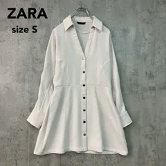 ZARA ザラ ホワイト ワンピース チュニック ミニ丈 シャツワンピース Vネック 金ボタン ゴールドボタン ウエストマーク Aライン フレアシルエット ストレッチ 無地 モード きれいめ 上品 華やか お呼ばれ デート インスタ映え Sサイズ ★ ■◇