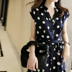 ドット柄 シャツワンピース レディース 春夏 ロングワンピース Aライン ベルト付き ドレス 膝丈 フレンチスリーブ シフォン ワンピース ハイウエスト ワンピ キレイめ レトロ お呼ばれ 通勤 通学 カジュアル 1559