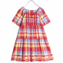 【美品】ピンクハウス★カラフルなチェック柄♪ティアードワンピース チュニック 赤系 前開き レース♪薄手 z19208のサムネイル