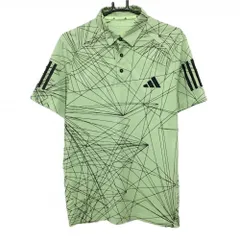 【美品】アディダス 半袖ポロシャツ ライトグリーン×ダークグレー 総柄 袖3ライン 胸ロゴ  メンズ L ゴルフウェア adidas
