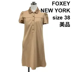 □ 美品 フォクシーニューヨーク FOXEY NEW YORK ミニワンピース 半袖 ハーフボタン ベージュ 綿混 38 S～M レディース S6C779のサムネイル