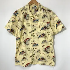 miki HOUSE MEN'S ミキハウスメンズ 90s 90年代 オールドミキハウス アロハスシャツ 美品 半袖 オープンカラー ヤシの木 ヨット 総柄 古着 カジュアル アメカジ メンズ サイズ170 イエロー トップス A16232◆