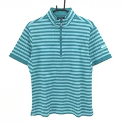 【超美品】バーバリーゴルフ 半袖ハイネックシャツ ブルーグリーン系 ボーダー ハーフジップ メンズ 3(L) ゴルフウェア BURBERRY GOLF