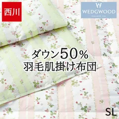 西川 ウェッジウッド ダウンケット 洗える 新品 シングルロング 150×210cm 肌掛け布団 ダウン50％ 春 夏 一年中使える WEDGWOOD 日本製 国産 ワイルドストロベリー いちご柄 かわいい ピンク グリーン 緑 AA07100003のサムネイル