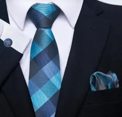 青と黒の　チェック柄　格子柄　ストライプ柄　ネクタイ　ポケットチーフ　カフスボタン　3点セット　ブラック色　黒色　ブルー色　青色結婚式 イベント パーティー ダンスパーティー 卒業式 入学式 入社式　成人式　父の日　ビジネス　発表会