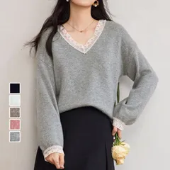ニットトップス レース切り替え レディース 長袖 セーター オフィス OL フェミニン レイヤード風 重ね着風 韓国ファッション(メール便送料無料)
