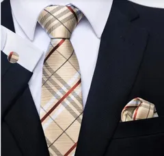 ベージュチェック柄ネクタイ　チーフ　カフスボタン　3点セット　結婚式 イベント パーティー ダンスパーティー 卒業式 入学式 入社式　成人式　父の日　ビジネス　発表会　チェック柄　格子柄　クリーム色　ベージュ色　ブラウン色　ホワイト色　シルバー色
