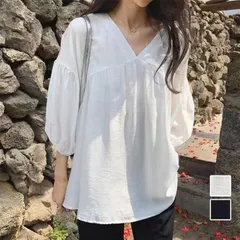 シャツ ブラウス Vネック スキッパーブラウス オフィスカジュアル 半袖 ブラウス 可愛い 洗える おしゃれ 韓国風 フォーマル 通勤OL(メール便送料無料)