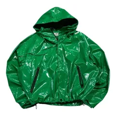 (即配) グロシー光沢エナメル クロップド フード ウィンドブレーカー ジャケット