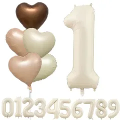 送料無料】L-Athna アルミ 数字 バルーン 大きい 風船 誕生日 ナンバーバルーン 40インチ クリーミィ ハート型風船5個入れ クリーム色 キャラメル色 祝い 誕生日パーティ 飾り付け バルーン 1歳 2歳 祝い