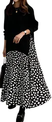 [CALM.st] ワンピース レディース ロング 長袖 服 柄 セットアップ 切り替え きれいめ ゆったり おしゃれ フォーマル aライン フレア キレイめ 綺麗 かわいい 人気 可愛い 大きい サイズ マタニティ ニット シンプル [ブラック] [3XL]