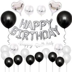 【送料無料】GRESATEK 誕生日 バルーン 飾り付け 風船セット ハッピー バースデー HAPPY BIRTHDAYガーランド ハート風船 紙吹雪風船 ドットシール リボン付き 装飾 パーティー お祝い サプライズ シルバー＆ブラック