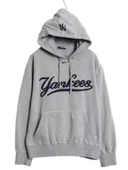 00s ヤンキース スウェット フード パーカー メンズ M オールド MLB 大リーグ オフィシャル ナイキ スウッシュ 裏起毛 前V プルオーバー 灰