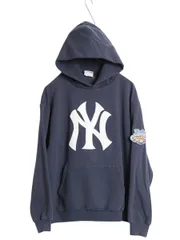 【お得なクーポン配布中!】 ヤンキース スウェット フード パーカー メンズ M 古着 MLB マジェスティック トレーナー プルオーバー 裏起毛 ロゴ 刺繍 大リーグ 限定 紺
