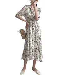 [Dep Club] 大人可愛い シフォンワンピース レディース 長袖 aライン カジュアル サマードレス リゾート ゆったり きれいめ ロング 半袖 5分袖 花柄 春物 夏物 春 夏 春夏 (白) [ホワイト] [Free Size]