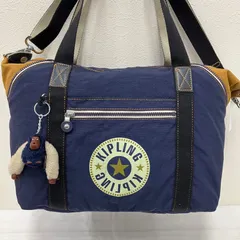 1227　Kipling　キプリング　トートバッグ　 2way　ショルダーバッグ　無地　ロゴ　 ネイビー×マスタード系　ナイロン　軽量　 モンキーチャーム付き　レディース