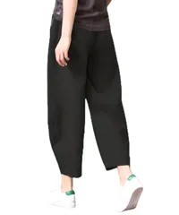 [Dep Club] クロップドパンツ レディース 夏 涼しい 9分丈 ズボン 総ゴム 体型カバー 薄手 ワイド バルーン シルエット ポケット付き リネン 麻 綿 9分 ボトムス ルームウェア 夏服 (JP, アルファベット, L, ブ [ブラック] [L]