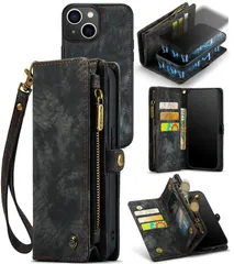 【人気商品】iPhone 13 ケース 6.1インチ 対応 手帳型 11枚カード収納 分離可能 CaseMe ファスナーポケット スタンド機能 ストラップ付き マグネット式 耐衝撃 スマホカバー(ブラック)