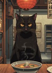 2586 아트 포스터 라면과 검은 고양이 우키요에풍 일러스트 인테리어 일본식 모던 세련된 벽걸이 회화 아트 패널 이사 축하 신축 점포 재배치 카페 레트로 치유 향수 잡화 선술집