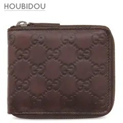 グッチ GUCCI 二つ折り財布 グッチシマ ラウンドジップ ウォレット レザー ブラウン シルバー金具 茶 コンパクトウォレット  190451【中古】