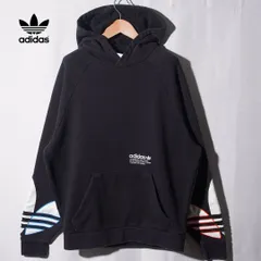 アディダス オリジナルス adidas ORIGINALS パーカー XL ブラック レッド ブルー ロゴ刺繍 スウェット ストリート スポーツミックス オーバーサイズ ビッグシルエット 古着 E565